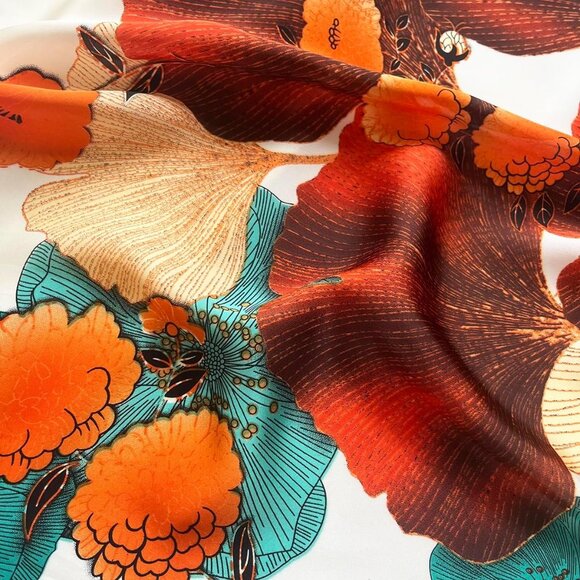 Silk Feel 03 Orange Floral Edge Satin Square Head Scarf for Women Medium 28 Inch - Picture 4 of 7